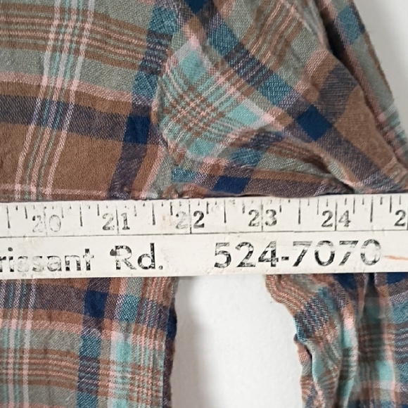 Ee:Some Brown Blue Plaid Button Up Shirt Women’s Small Rayon Boho Top Cottage - Picture 7 of 9